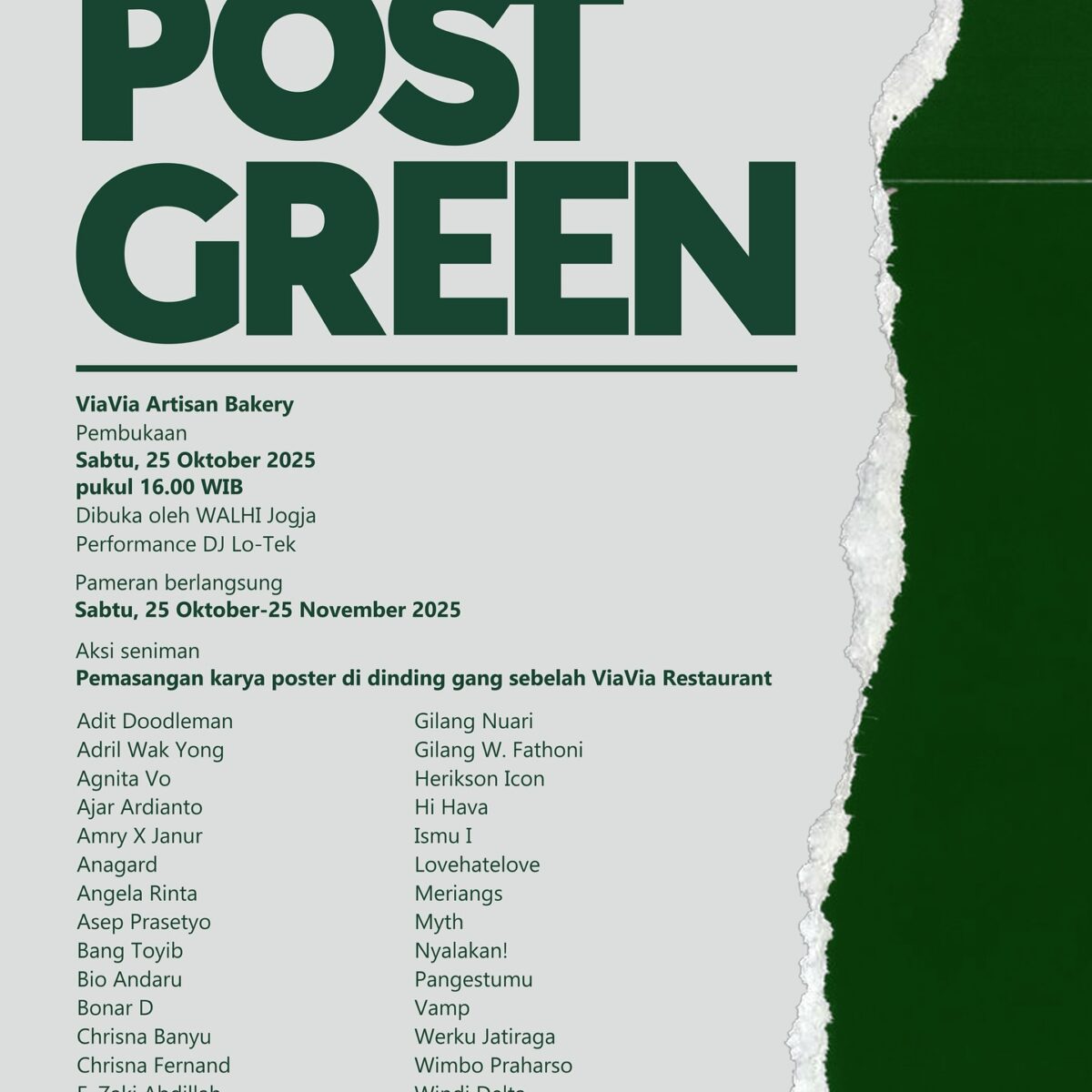 ViaVia Artisan Bakery x ViaVia Restaurant x Cosmos Street Art: “Post Green” Art Exhibition
